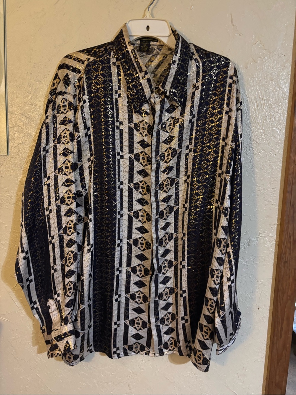 MEN’S METALLIC SILK SHIRT XXL-BOLD GEOMETRIC PATTERN-VINTAGE STYLE